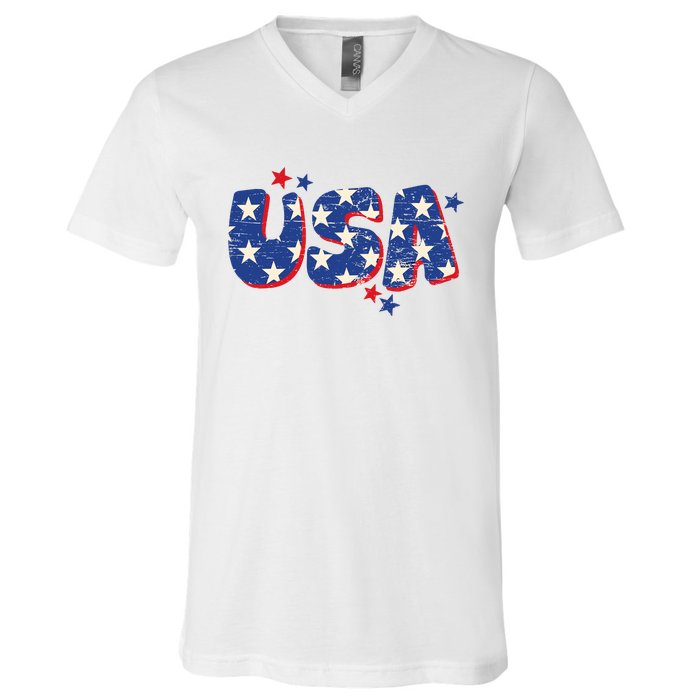 Usa American Flag 4th Of July Boy Girl Vintage V-Neck T-Shirt