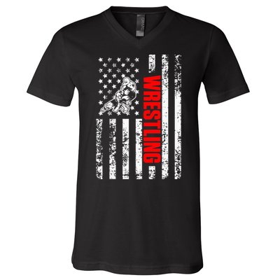 US American Flag Sports Patriotic Wrestling V-Neck T-Shirt