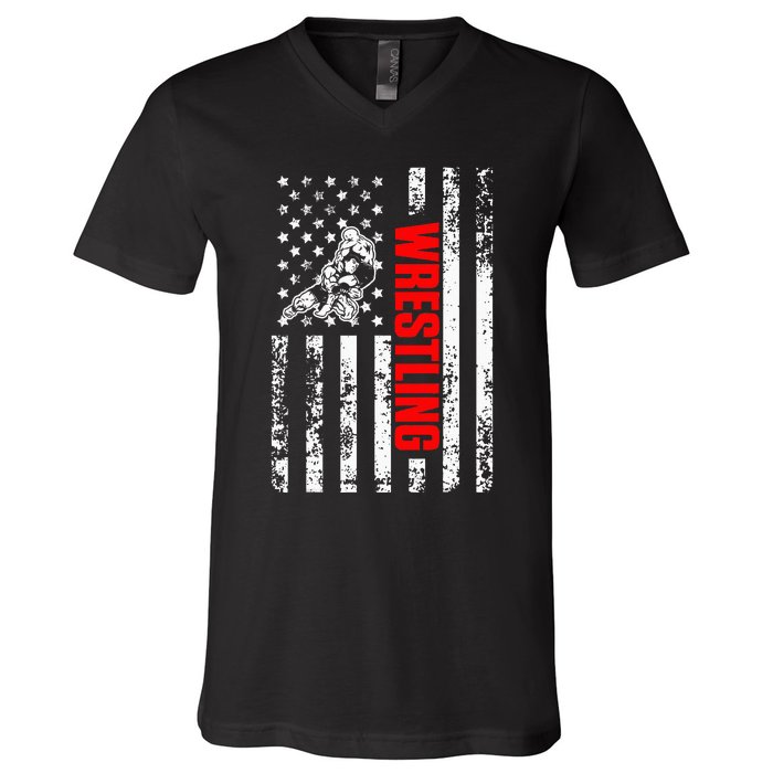 US American Flag Sports Patriotic Wrestling V-Neck T-Shirt