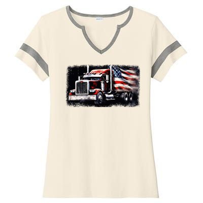 Us American Flag Semi Truck Driver Trucker Ladies Halftime Notch Neck Tee