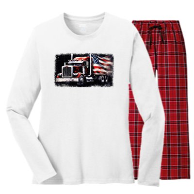 Us American Flag Semi Truck Driver Trucker Women's Long Sleeve Flannel Pajama Set 