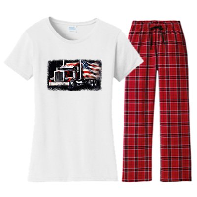 Us American Flag Semi Truck Driver Trucker Women's Flannel Pajama Set