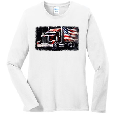 Us American Flag Semi Truck Driver Trucker Ladies Long Sleeve Shirt