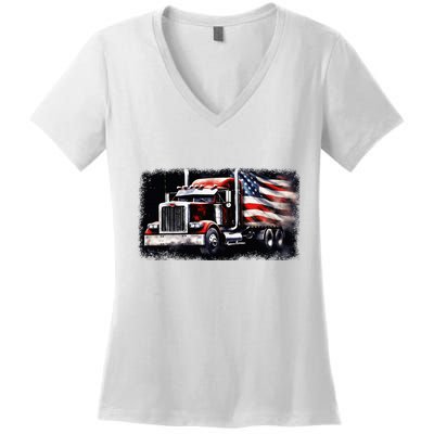 Us American Flag Semi Truck Driver Trucker Women's V-Neck T-Shirt