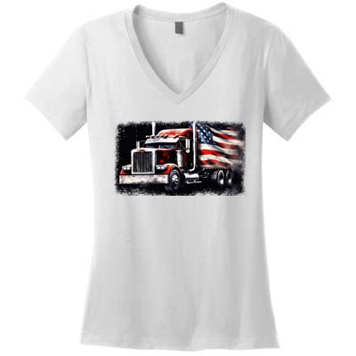 Us American Flag Semi Truck Driver Trucker Women's V-Neck T-Shirt