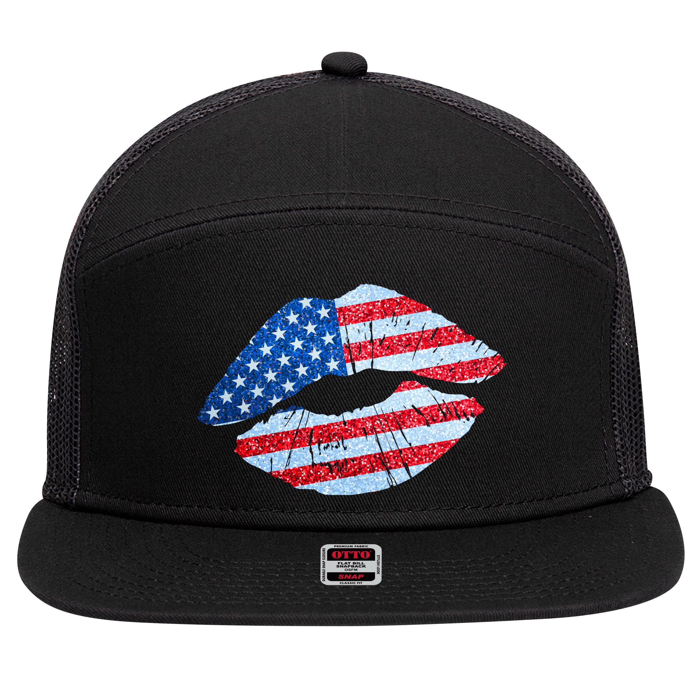 USA American Flag Sparkle Lip Makeup 7 Panel Mesh Trucker Snapback Hat