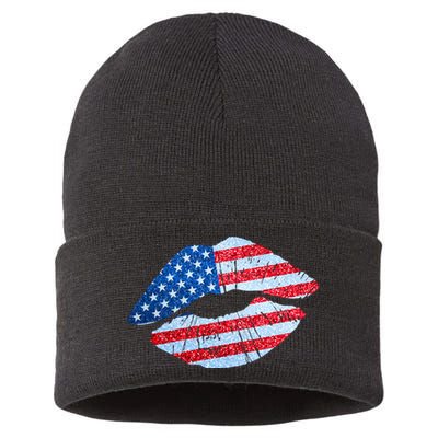 USA American Flag Sparkle Lip Makeup Sustainable Knit Beanie