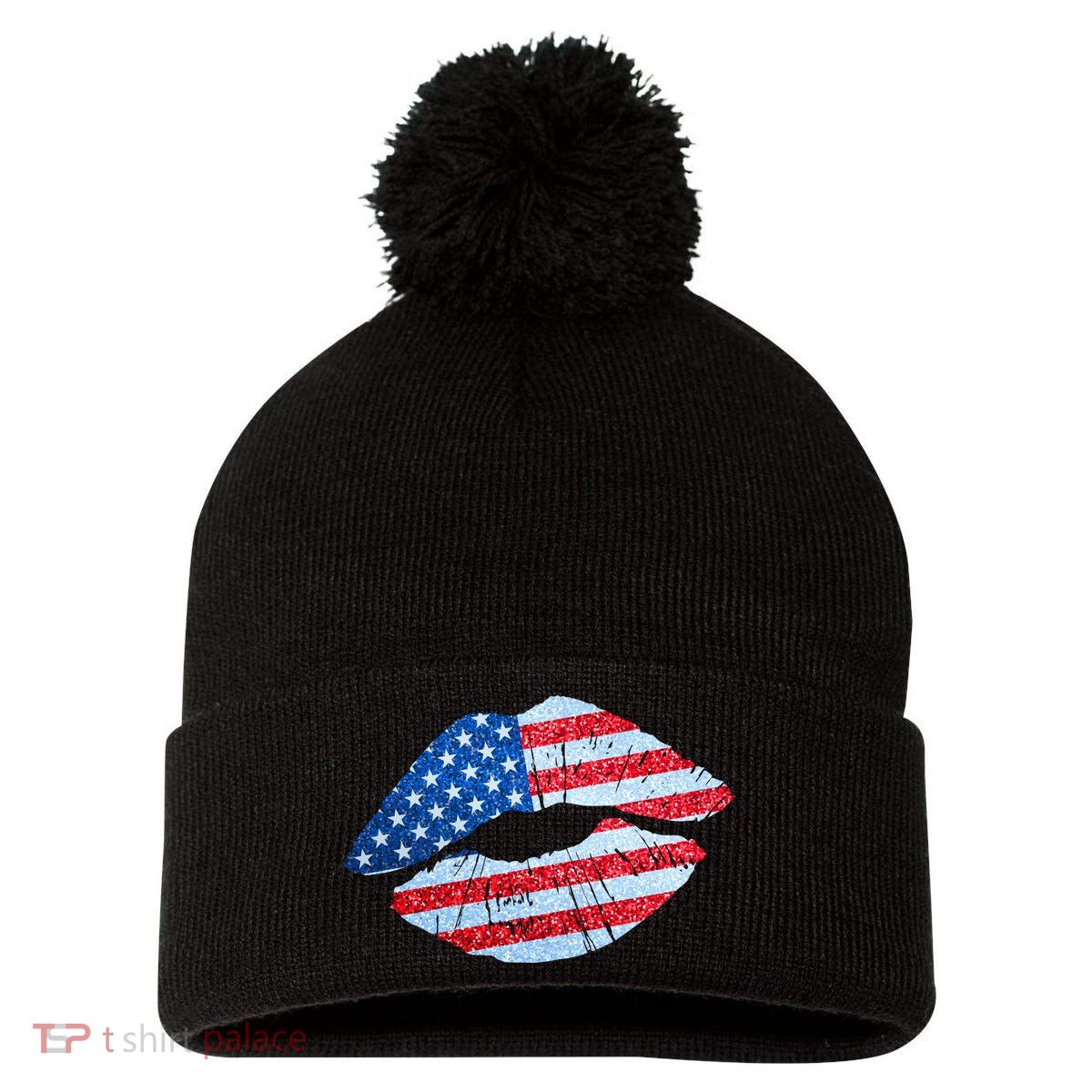 USA American Flag Sparkle Lip Makeup Pom Pom 12in Knit Beanie