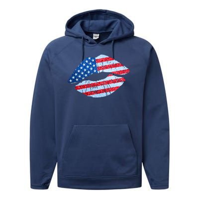 USA American Flag Sparkle Lip Makeup Performance Fleece Hoodie