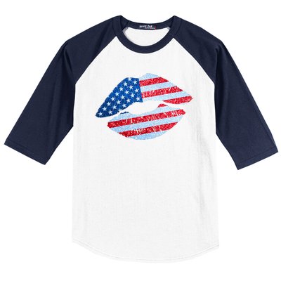 USA American Flag Sparkle Lip Makeup Baseball Sleeve Shirt