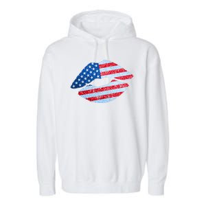 USA American Flag Sparkle Lip Makeup Garment-Dyed Fleece Hoodie