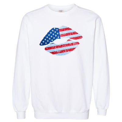 USA American Flag Sparkle Lip Makeup Garment-Dyed Sweatshirt