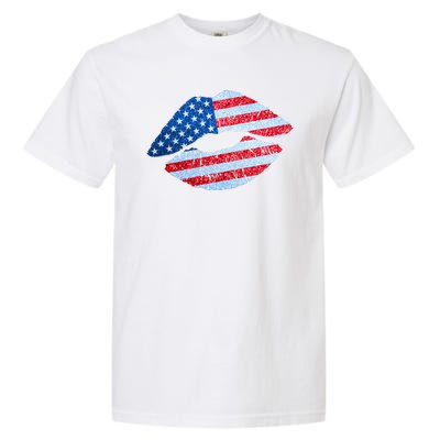 USA American Flag Sparkle Lip Makeup Garment-Dyed Heavyweight T-Shirt