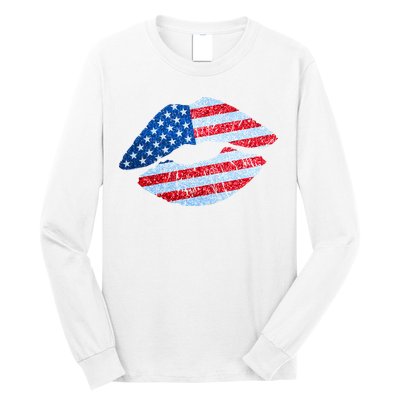 USA American Flag Sparkle Lip Makeup Long Sleeve Shirt