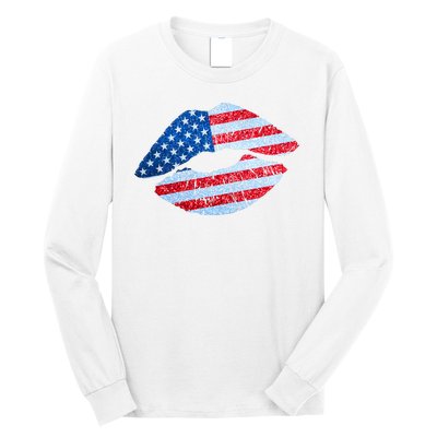 USA American Flag Sparkle Lip Makeup Long Sleeve Shirt