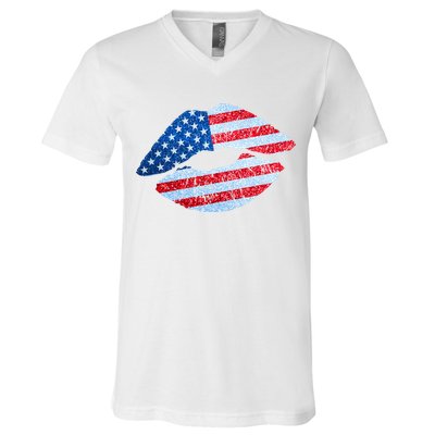 USA American Flag Sparkle Lip Makeup V-Neck T-Shirt