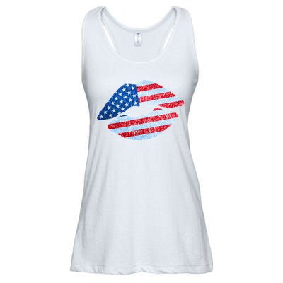 USA American Flag Sparkle Lip Makeup Ladies Essential Flowy Tank