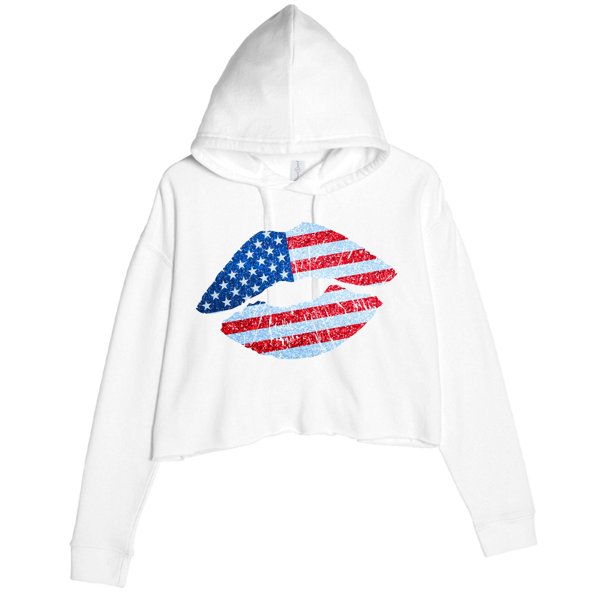 USA American Flag Sparkle Lip Makeup Crop Fleece Hoodie