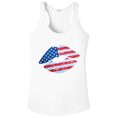 USA American Flag Sparkle Lip Makeup Ladies PosiCharge Competitor Racerback Tank