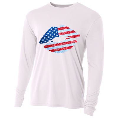 USA American Flag Sparkle Lip Makeup Cooling Performance Long Sleeve Crew
