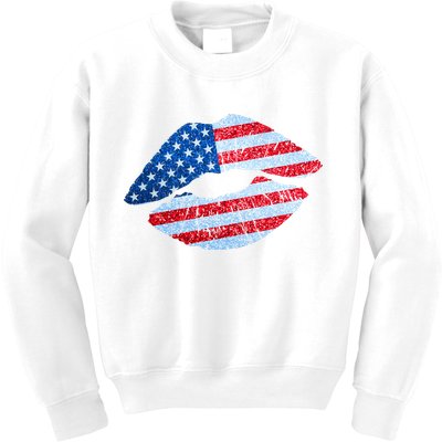 USA American Flag Sparkle Lip Makeup Kids Sweatshirt