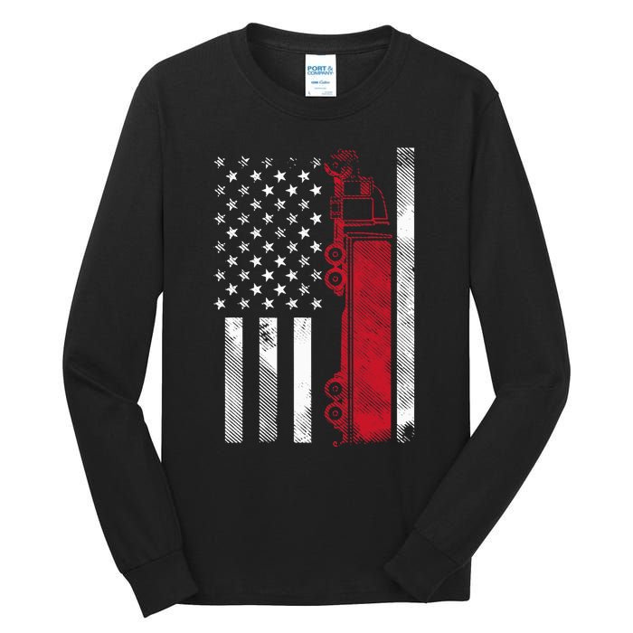 Us American Flag Semi Truck Driver 18 Wheeler Trucker Gift Tall Long Sleeve T-Shirt