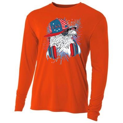 USA American Flag Fireworks Hip Hop Headphones Eagle Cooling Performance Long Sleeve Crew