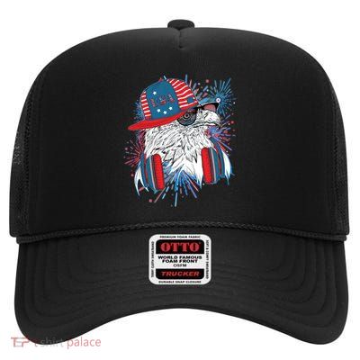USA American Flag Fireworks Hip Hop Headphones Eagle High Crown Mesh Back Trucker Hat
