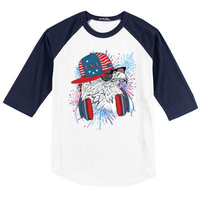 USA American Flag Fireworks Hip Hop Headphones Eagle Baseball Sleeve Shirt