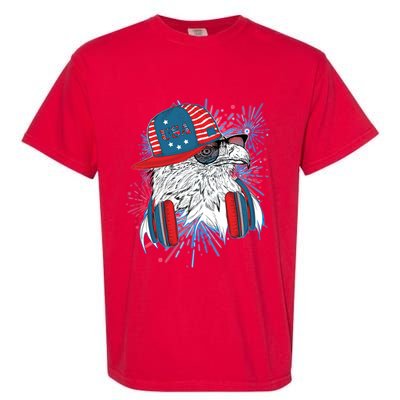 USA American Flag Fireworks Hip Hop Headphones Eagle Garment-Dyed Heavyweight T-Shirt