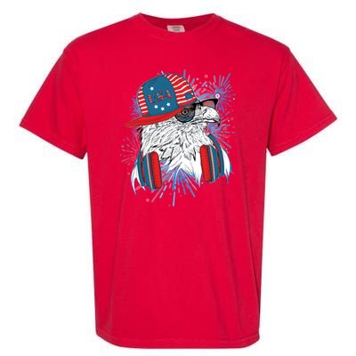 USA American Flag Fireworks Hip Hop Headphones Eagle Garment-Dyed Heavyweight T-Shirt