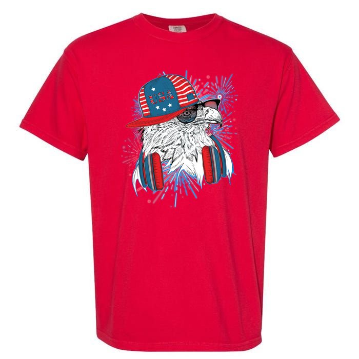 USA American Flag Fireworks Hip Hop Headphones Eagle Garment-Dyed Heavyweight T-Shirt