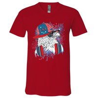 USA American Flag Fireworks Hip Hop Headphones Eagle V-Neck T-Shirt