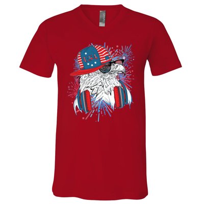 USA American Flag Fireworks Hip Hop Headphones Eagle V-Neck T-Shirt