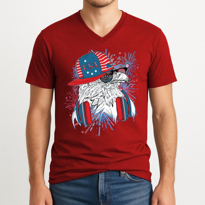 USA American Flag Fireworks Hip Hop Headphones Eagle V-Neck T-Shirt