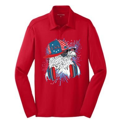 USA American Flag Fireworks Hip Hop Headphones Eagle Silk Touch Performance Long Sleeve Polo