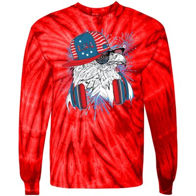 USA American Flag Fireworks Hip Hop Headphones Eagle Tie-Dye Long Sleeve Shirt