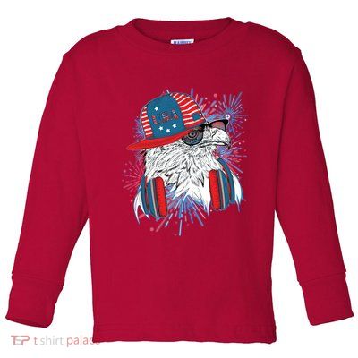 USA American Flag Fireworks Hip Hop Headphones Eagle Toddler Long Sleeve Shirt