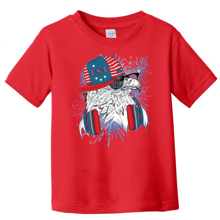 USA American Flag Fireworks Hip Hop Headphones Eagle Toddler T-Shirt