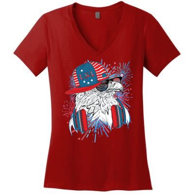 USA American Flag Fireworks Hip Hop Headphones Eagle Women's V-Neck T-Shirt