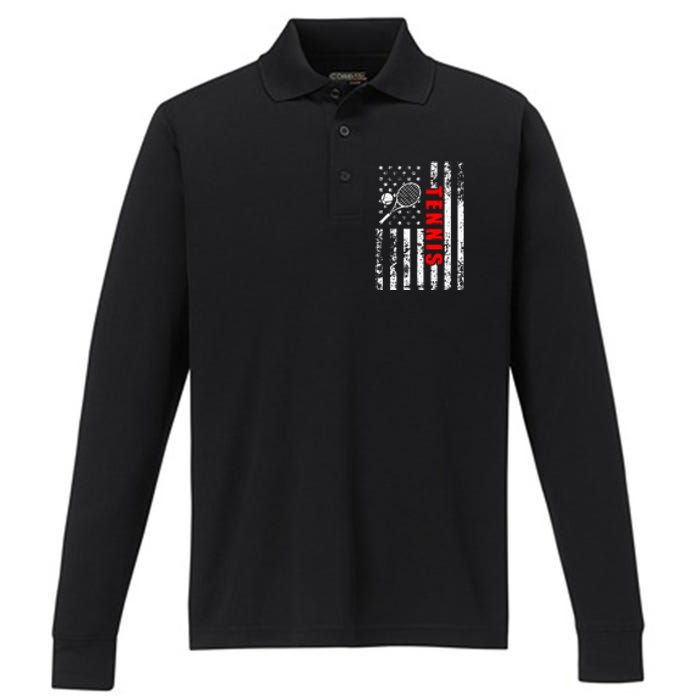 Us American Flag Tennis Patriotic Performance Long Sleeve Polo