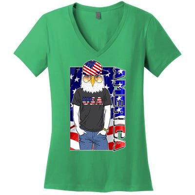 USA America Flag Hip Hop Eagle Women's V-Neck T-Shirt