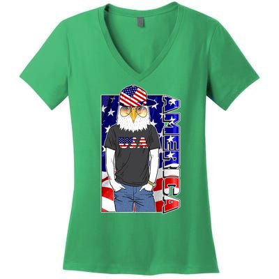 USA America Flag Hip Hop Eagle Women's V-Neck T-Shirt