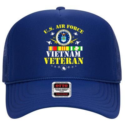 US Air Force Vietnam Veteran, USAF Veteran, USA Flag Gift High Crown Mesh Back Trucker Hat