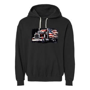 Us American Flag Semi Truck Driver Trucker Garment-Dyed Fleece Hoodie