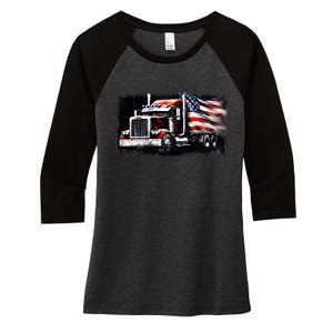 Us American Flag Semi Truck Driver Trucker Women's Tri-Blend 3/4-Sleeve Raglan Shirt