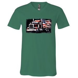 Us American Flag Semi Truck Driver Trucker V-Neck T-Shirt