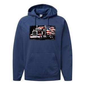 Us American Flag Semi Truck Driver Trucker Performance Fleece Hoodie