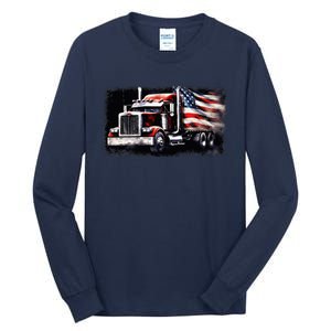 Us American Flag Semi Truck Driver Trucker Tall Long Sleeve T-Shirt