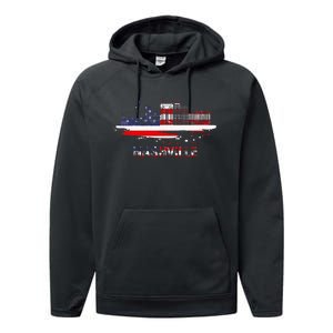 USA American Flag Cityscape Nashville Tennessee Skyline Performance Fleece Hoodie